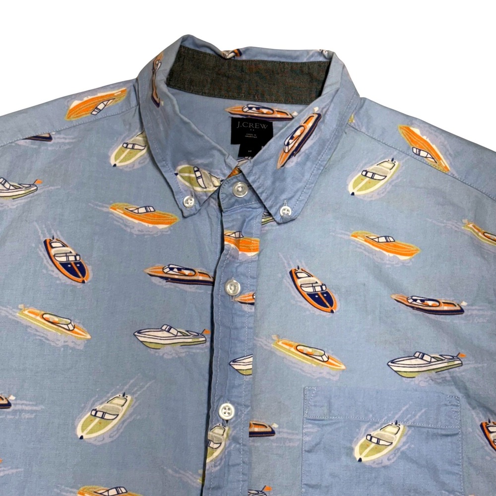 J.Crew Button Down Shirt Men M Blue Speedboat Print Short Sleeve Preppy Nautical